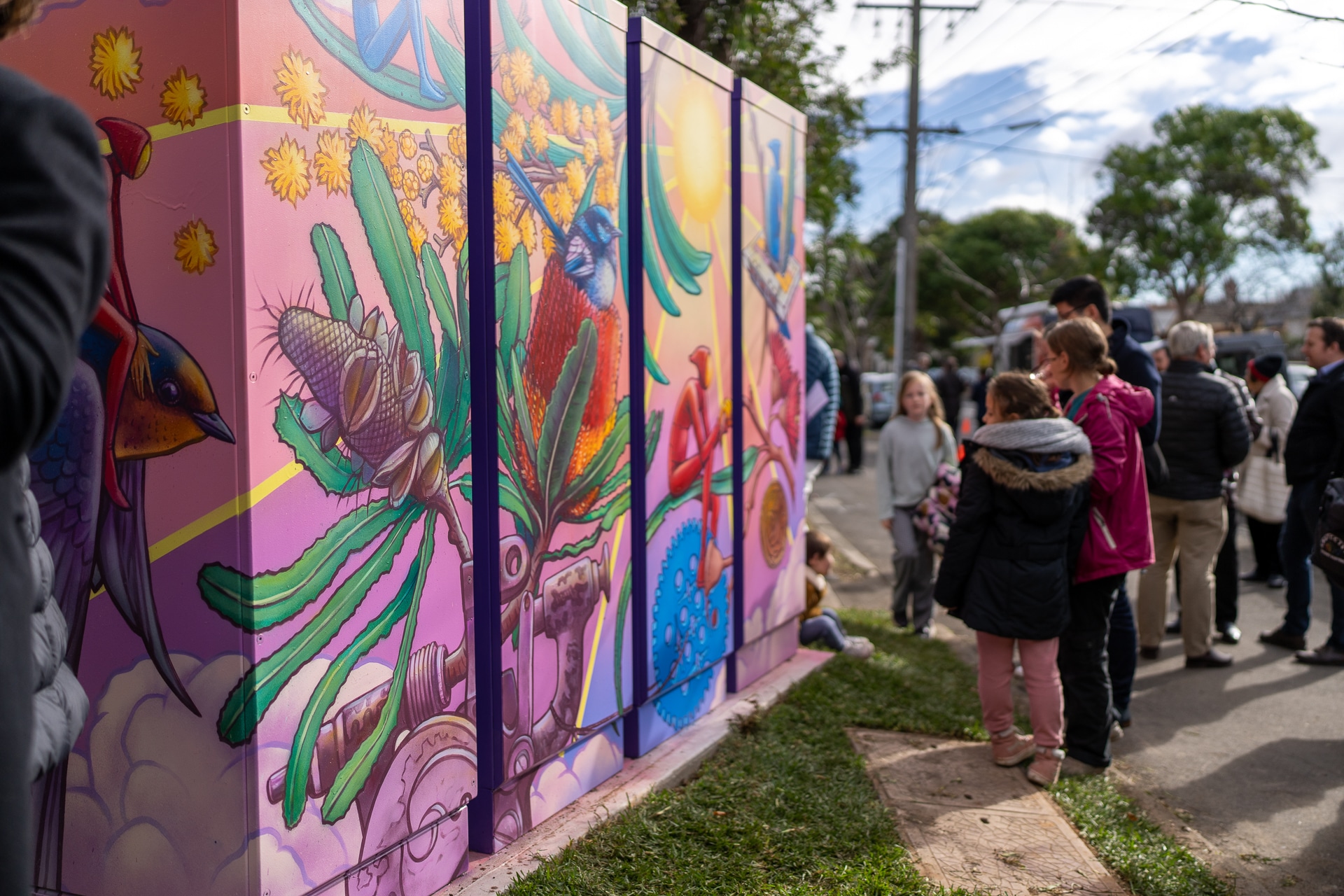 Fitzroy North community battery with beautiful artwork people admiring the battery