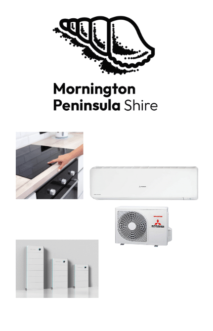 Mornington Peninsula Shire logo shown above images representing home electrification and energy upgrades, including an induction cooktop, a split-system air conditioner, and home battery storage systems.